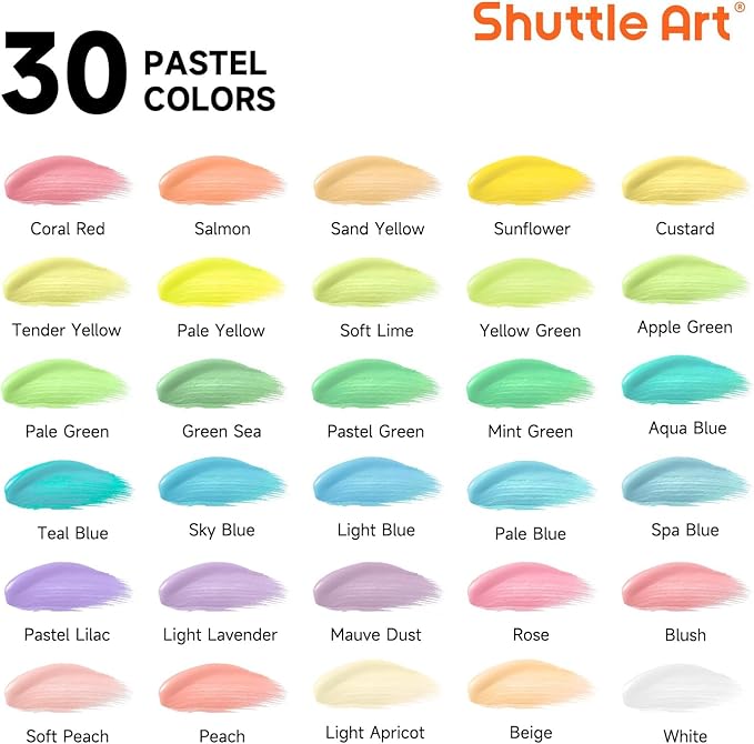Shuttle Art 40 Pack Pastel Acrylic Paint Set, 30 Colors, 60ml/2oz Bottles, High Viscosity, Water-proof With 10 Paint Brushes for Painting &Crafting on Canvas, Rock, Ceramic, Fabric, Clay