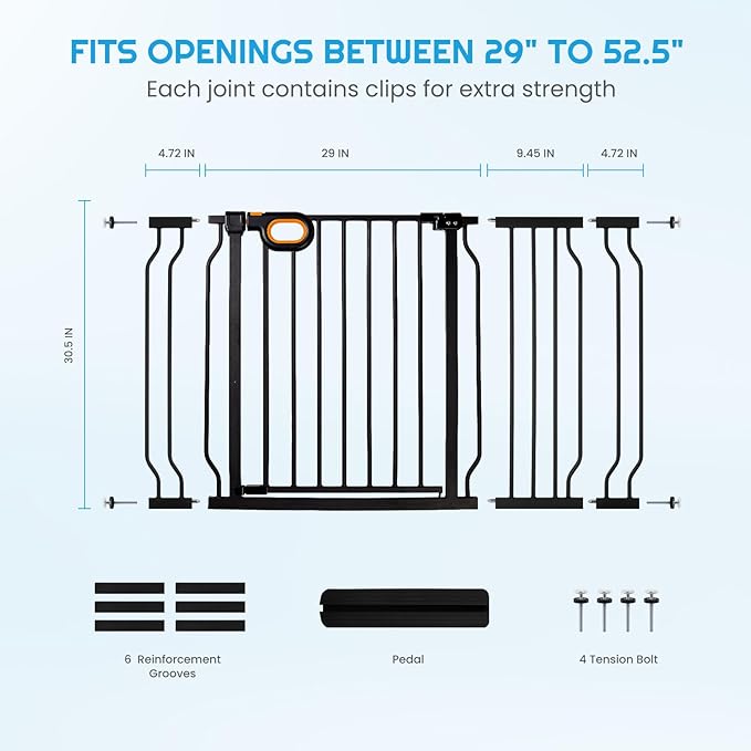 Baby Gate for Stairs 29-52 Inch Wide, Safety Gate for Baby Adjustable Pet Gate with Door Pressure Mounted Gates for Kids Toddler Dogs Extension Kit Indoor Stairway Doorway Black (30.5'' Tall)