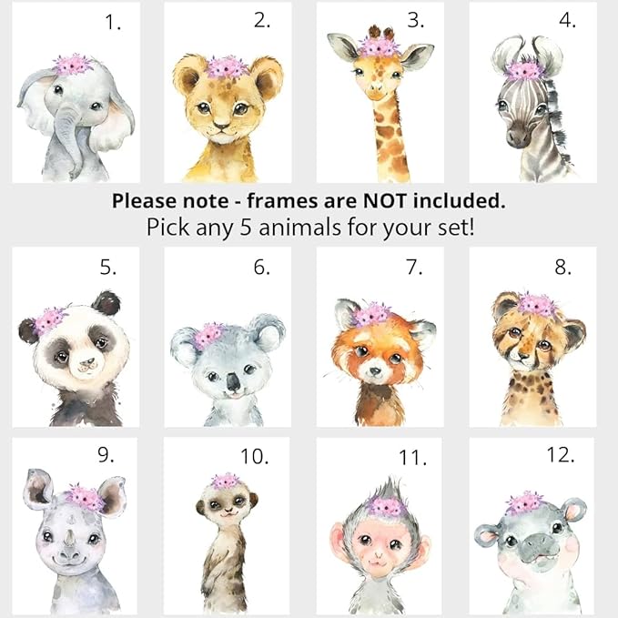 Personalized Safari Animals for Baby Girls Nursery, Set of 6 Unframed Poster Prints, Personalized Name Pink Lilac Floral, Girls Bedroom Decor, Elephant Giraffe (12x16)