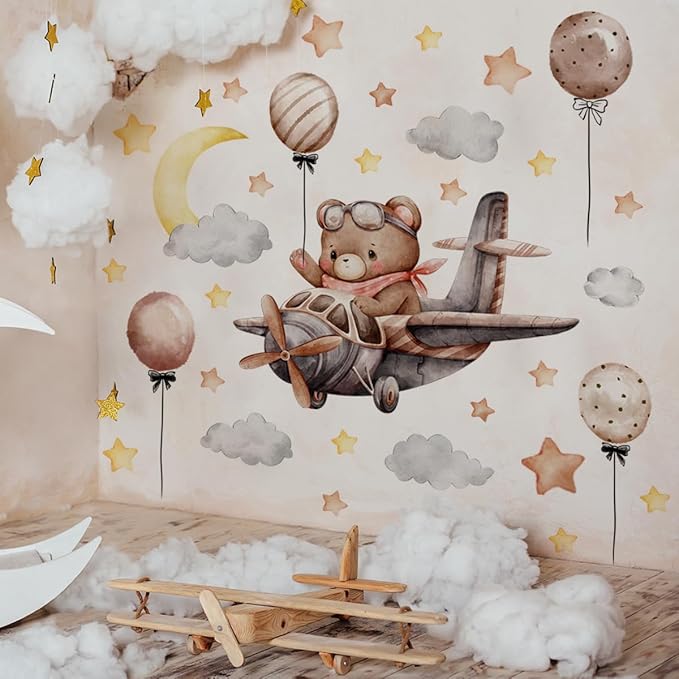 Runtoo Baby Bear Flying Plane Wall Decal Moon and Stars Sweet Dream Animal Wall Stickers Baby Nursery Kids Bedroom Home Decor