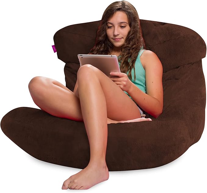 Posh Creations Structured Comfy Bean Bag Chair for Gaming, Reading, and Watching TV, Laguna Lounger, Rabbit Fur - Brown