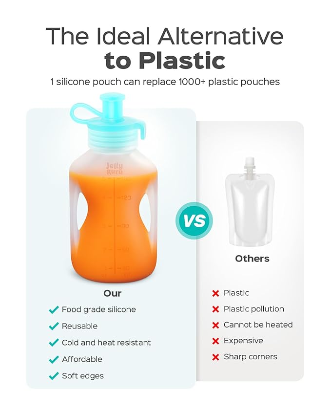 Silicone Reusable Baby Food Pouches with Straws, 2 Pack Leakproof Refillable Squeeze Pouches, Dishwasher, Freezer, Microwave Safe, 5OZ Baby Food Storage for Homemade Puree, Yogurt