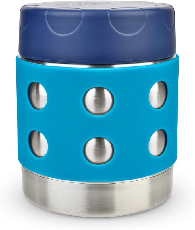 LunchBots Thermal 8 oz Triple Insulated Thermos - Hot 6 Hours or Cold 12 Hours - Leak Proof Thermos Soup Jar - All Stainless Interior - Navy Lid - Aqua Dots