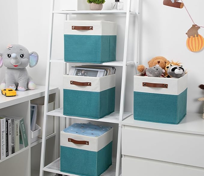 HNZIGE Fabric Storage Cube Bins Baskets for Organizing, 11 inch Cube Storage Bins, Set of 4, Collapsible Storage Bin with Handles, Closet Organizers and Storage Home Toy Nursery Bedroom(White Teal)