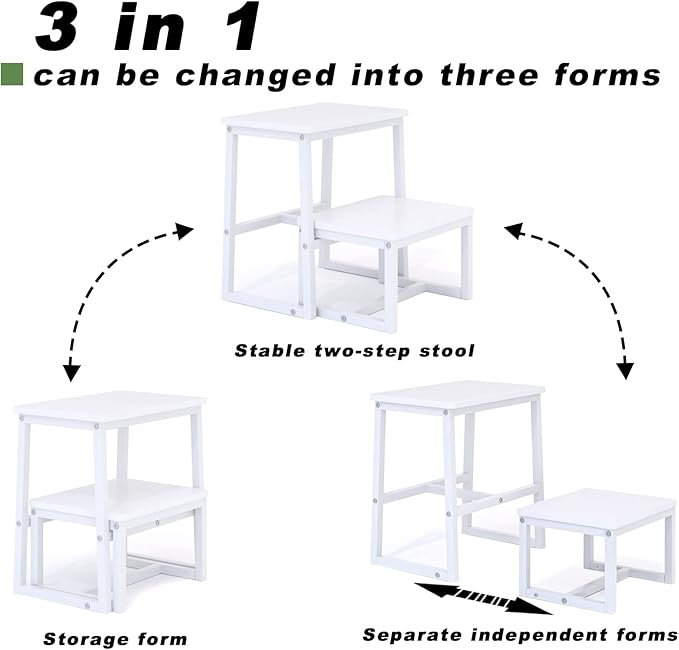 Step Stool for Adults & Kids,Holds up to 500Lb,3 in1 Heavy Duty Sturdy 2 tair Wooden StepStool for Kichen/Bathroom/High beds, Metal Frame, Non-Slip Pads