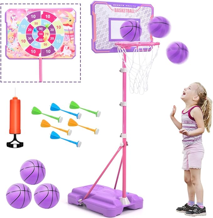 Meland Kids Basketball Hoop, Pink Basketball Hoop for Kids Toddler Basketball Hoop Outdoor & Indoor with Dart Board, Adjustable Height 3.4-6.2FT Birthday Gift Toys for Girls 3 4 5 6 7 8 Years Old