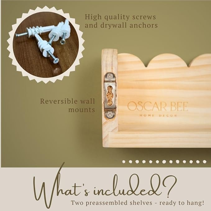 Set of 2 Scalloped Nursery Shelves – Preassembled Floating Cloud Wall Bookshelf for Kids, Baby & Toddler Room – Montessori Nursery Shelves – Kids Wall Book Shelf Display