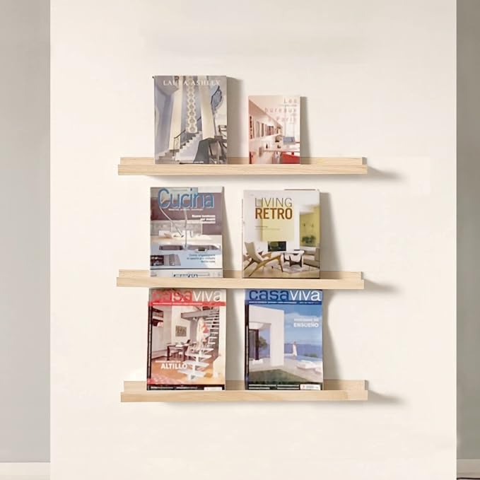 AZSKY Natural Wood Wall Mounted Shelves 24 Inch Floating Wall Book Shelf Floating Ledge Storage Rustic Shelves Photo Picture Ledge for Home Decor a Set of 3