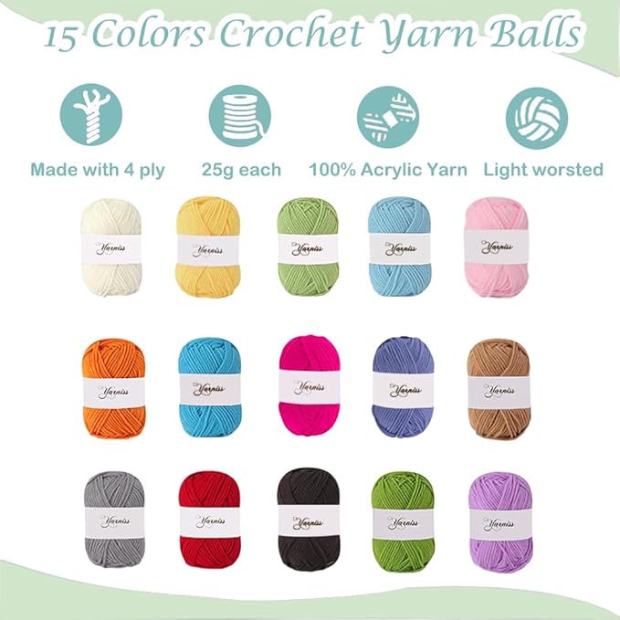 Yarniss Crochet Kits with Case, Beginner Crochet Set Includes 1050 Yards Crochet Yarn & 12 Size Ergonomic Crochet Hooks