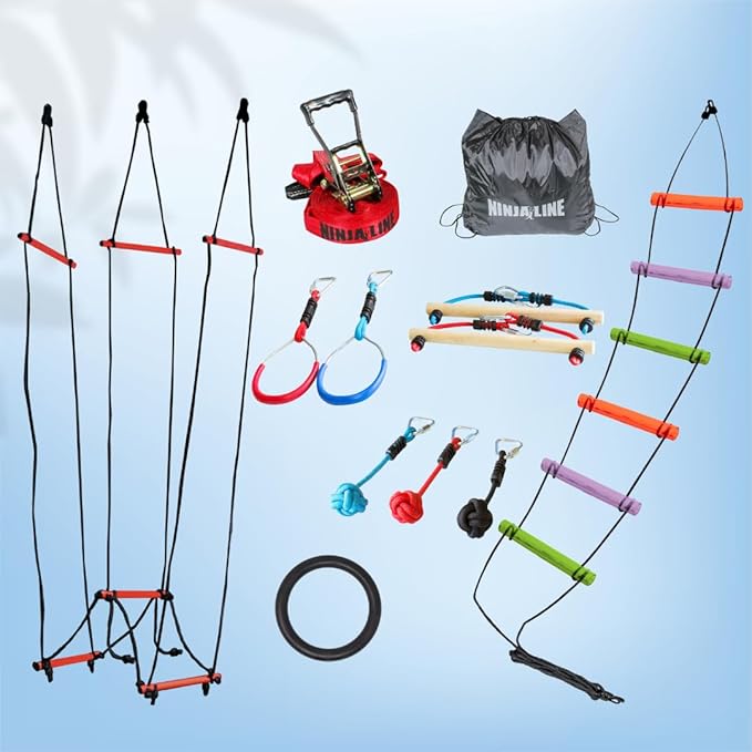 Slackers Exclusive Ninjaline Kit with Rickety Bridge & 15' Bachar Ladder – 36' Obstacle Course Line with 7 Obstacles – Outdoor Ninja Training System