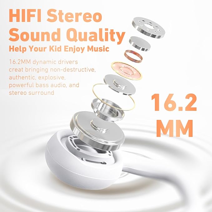 Kids Headphones, Bluetooth 5.2 Air Conduction Open Ear Headphones, 85dB Volume Limiting, Stereo Sound with Mic, IPX5 Waterproof, 20H Playtime, Perfect for School and Outdoor Activities-White