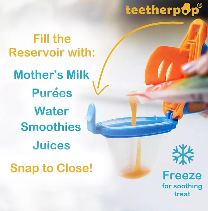 Teetherpop Fillable Silicone Teether for Babies – Breastmilk Popsicle Molds for Teething with Spill-Proof Sippy Slits – Freezable Baby Teethers for Liquids & Purées - Cooling Relief (3-Pack-Blues)