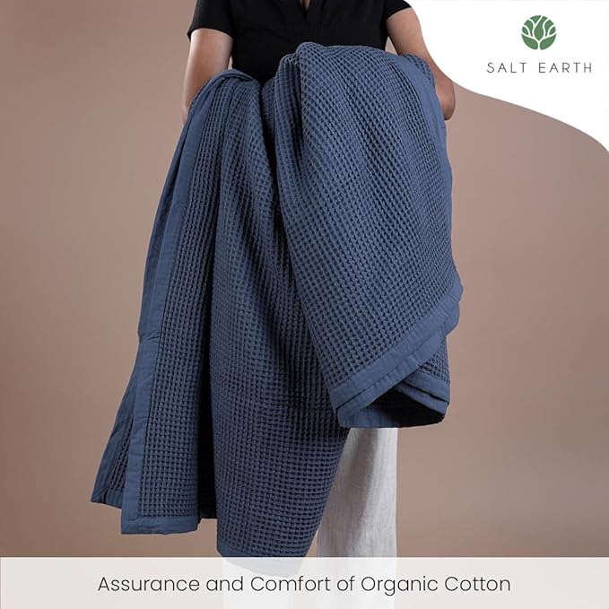 Salt Earth GOTS Certified 100% Organic Cotton Throw Blanket, 60" X 80" Waffle Blankets & Throws for Bed, Throw Blanket for Couch,Modern and Cozy Blanket,All Seasons Waffle Blanket, Soft Blanket(Navy)