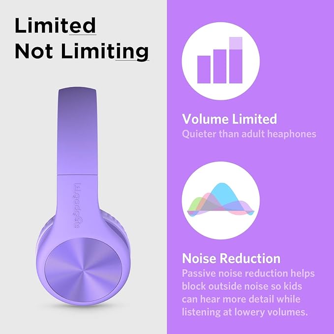 LilGadgets Connect+ Pro Wired Kids Headphones for School w/Microphone, Volume Limiting, Noise Reducing Over-Ear Headset w/Cord, SharePort Technology & SoftTouch Padding, Purple Headphones for Kids