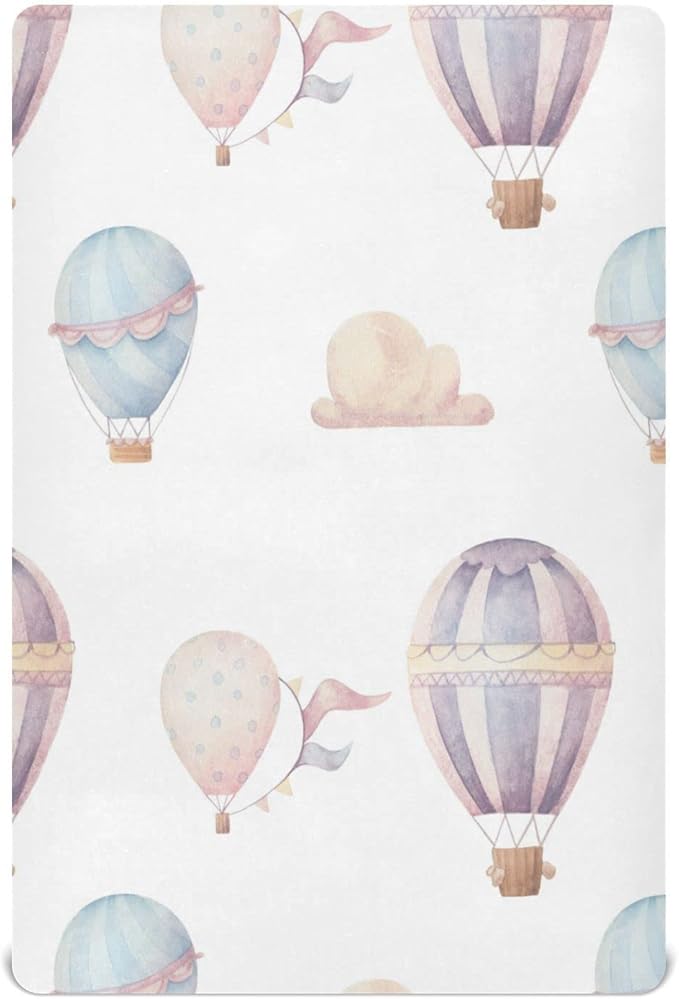 Watercolor Hot Air Balloon Crib Sheets for Boys and Girls, Fitted Baby Crib Sheets Soft and Breathable Mini Crib Sheets 52 X 28 X 9 Inches
