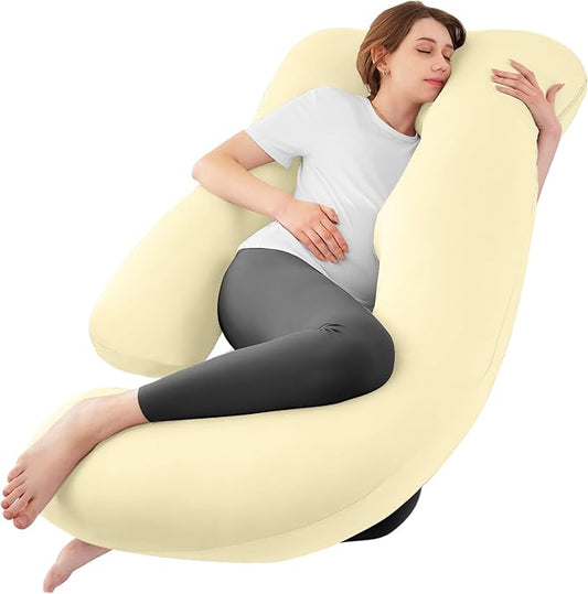 Sasttie Pregnancy Pillows for Sleeping, U Shaped Cooling Full Body Pregnancy Must Haves, 57 Inch Maternity Pillow for Pregnant Women, Pillow with Removable Cover for Side Sleeper, Light Yellow