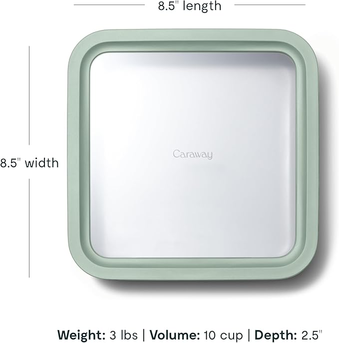 Caraway Glass Food Storage, 10 Cup Glass Container,Ceramic Coated Food Container,Easy to Store, Non Toxic, Non Stick Lunch Box Container with Glass Lids. Dishwasher, Oven,Square Shape,Mist