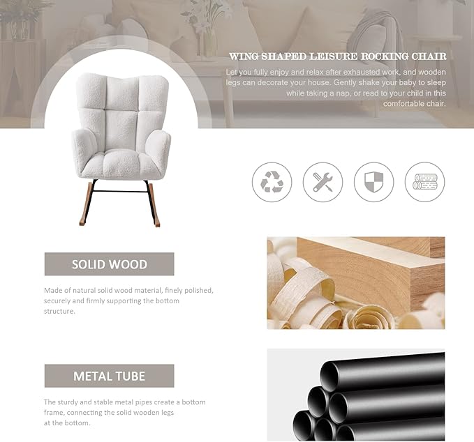 Nursery Rocking Chair, Teddy Upholstered Glider Rocker with High Backrest Armchair, Modern Rocking Accent Chairs for Nursery, Living Room, Bedroom, Offices (Ivory)