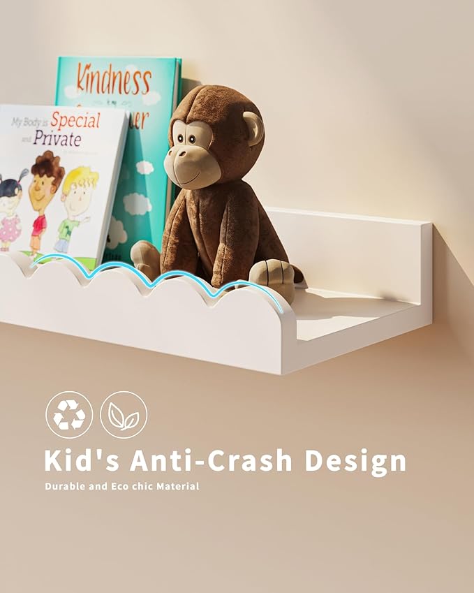 Nursery Book Shelves, 4-Pack White Floating Shelves for Wall Kids, Scalloped Shelves, Wall Book Shelves for Bedroom Kids, Toddler Room, Baby Room, Nursery Decor (White, 36 Inches)