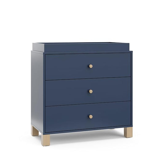 Storkcraft California 3-Drawer Chest with Removable Changing Topper (Midnight Blue with Driftwood) – GREENGUARD Gold Certified, Interlocking Drawer System, Pre-Installed Tracks, Easy Assembly