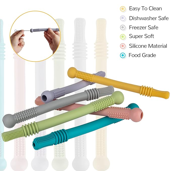 Fu Store Hollow Teether Tube Chew Straw Sensory Toy for Infant Toddlers Silicone Tubes Teething Toys for Babies 3-12 Months 0-36 Months Gifts Learning Developmental Toys BPA Free Freezable 6 Pack