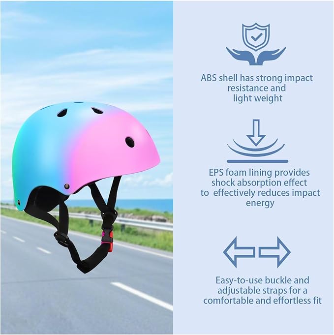 Color Gradient Adjustable Kids' Helmet with Knee & Elbow Pads Set | Multi-Sport Safety Gear for Boys & Girls Ages 5-14 | Skateboarding, Scooters, Roller & Inline Skating, Longboarding