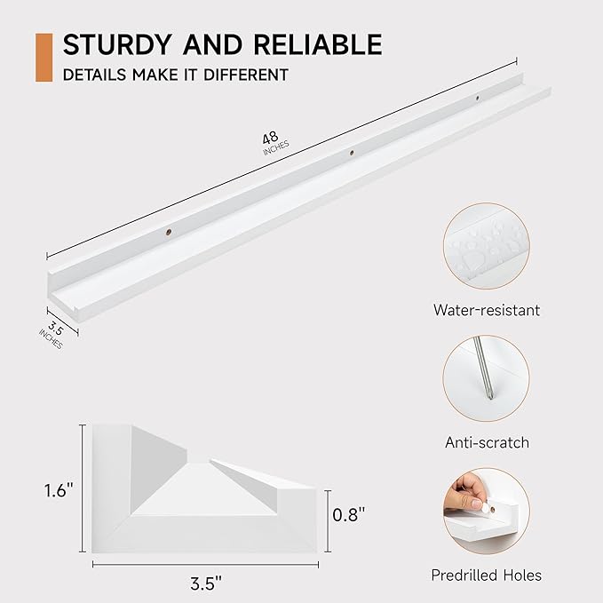 Picture Ledge Shelf for Wall, Floating Shelves Set of 4, 48 Inch Long Nursery Book Shelves for Toys Storage, Kids Bookshelf Wall Mounted for Books Photo Frames, White