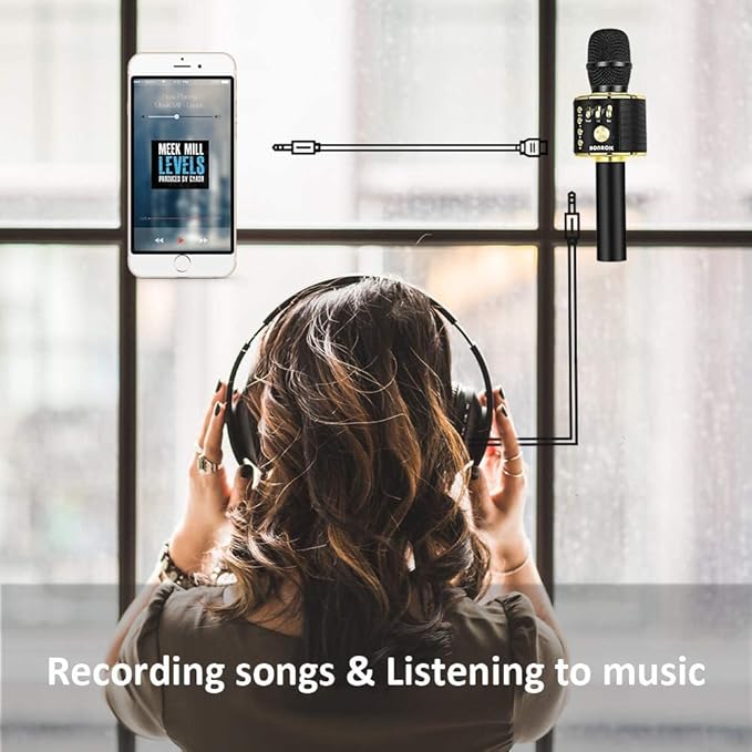 BONAOK Wireless Bluetooth Karaoke Microphone, 3-in-1 Portable Handheld Mic Speaker Machine for All Smartphones, Gifts to Girls Boys Kids Adults All Age Q37(Black Gold)