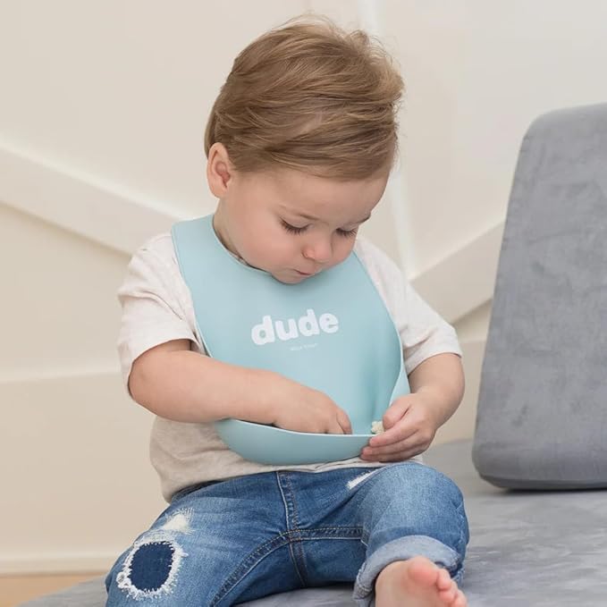 Baby Bib for Eating by Bella Tunno, Set of 2 Waterproof Silicone Bibs with Large Food Catcher, Adjustable Fit for Babies 4-12 months & Toddlers 1-3 Years, Boys & Girls, Dude & Mr Nice Guy