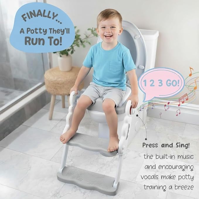 Musical & Sound Toddler Potty Training Seat w/Step Stool Ladder - Collapsible & Adjustable Toilet, Pre Assembled Toddler Toilet Seat w/Music & Sounds - Splash Guard & Anti-Slip Steps - Gray