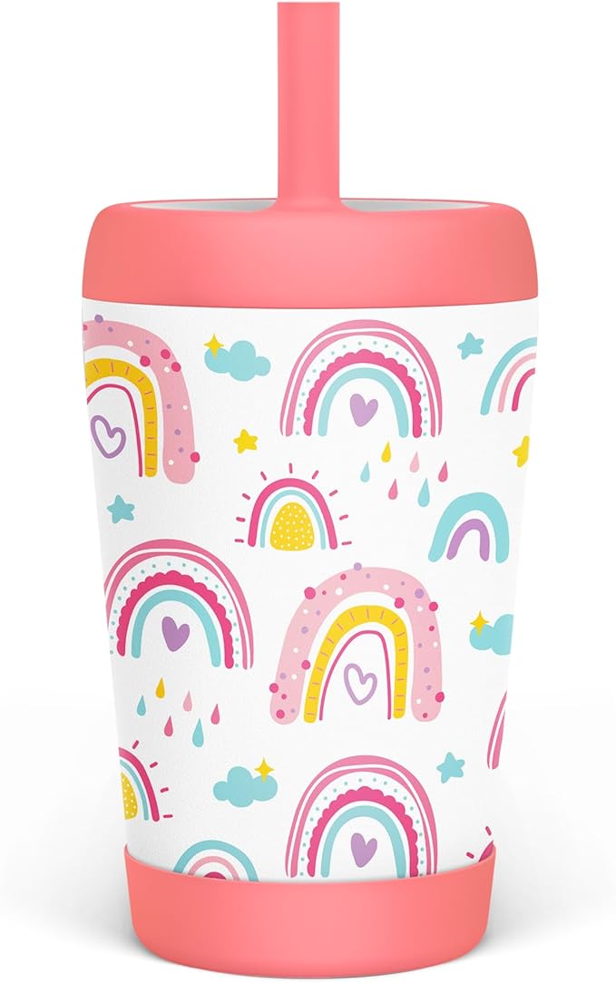 Kid Insulated Stainless Steel Tumbler with Silicone Straw, 12oz Sippy Cup for Kids (Sweet Rainbows)