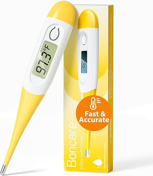 Boncare 10 Seconds Digital Thermometer for Adults and Kids - Accurate & Safe Rectal Thermometer for Baby with Fever Alarm, Oral Thermometer (Yellow)