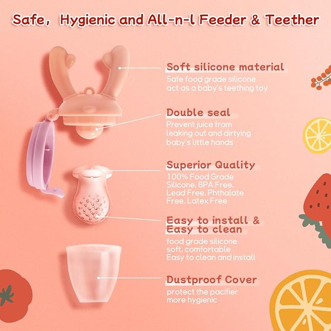 Baby Fruit Food Feeder - Silicone Nibble Tray Combo - Breastmilk Popsicle Mold for Cooling Relief, BPA Free Mesh Feeder for Infant Self Feeding (Antler Pink + Pineapple)