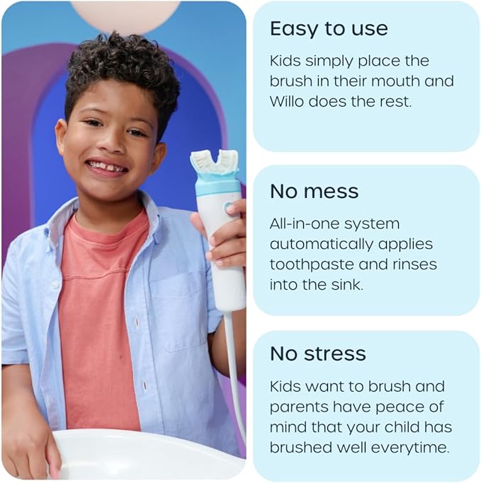 Willo Fully Automatic Kids U-Shaped Electric Toothbrush - 2 Brushing Timers, Deep-Cleans, Consistent Results, Eliminates Brushing Mistakes - Berry Splash (Small - Kids Ages 5-7 Years)