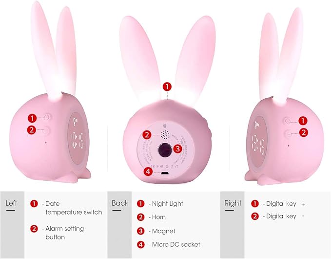 KDtech Kids Alarm Clock with Night Light 6 Ringtones, Cute Pink Bunny Digital Alarm Clock for Kids, Touch Control and Rechargeable Sleep Trainer Clock for Boys Girls Bedroom