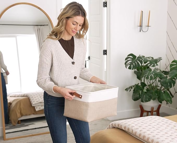 OrganiHaus Large Fabric Storage Baskets for Shelves 3 Pack | 15x11 inches Closet Bins Cloth Cubes Linen Organizers Basket - White Basket