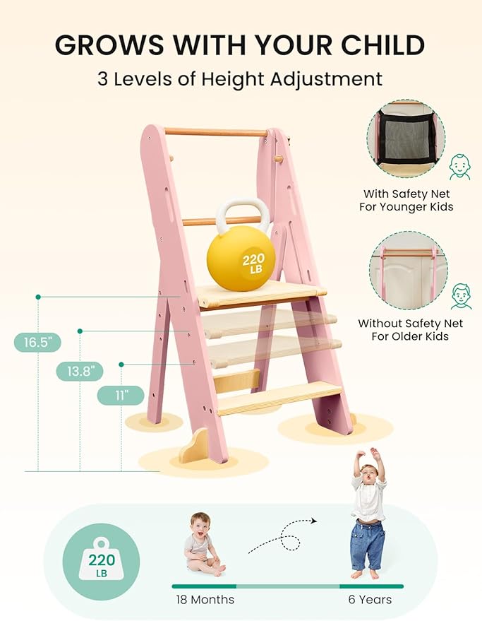 GROWNSY Foldable Step Stool Toddler Tower, Toddler Kitchen Stool Helper, Collapsible Kids Standing Learning Tower with 3 Adjustable Heights and Safety Net for Kitchen Bathroom Sink Counter (Pink)