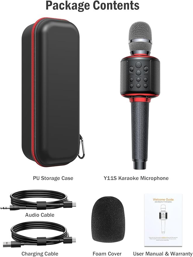 Wireless Bluetooth Karaoke Microphone, Built-in Loud Speaker for 10H Playback, Add Reverb/Duet Mode/Earbuds Monitoring, Portable Karaoke Machine for Entertainment & Singing Practice (Black&Red)