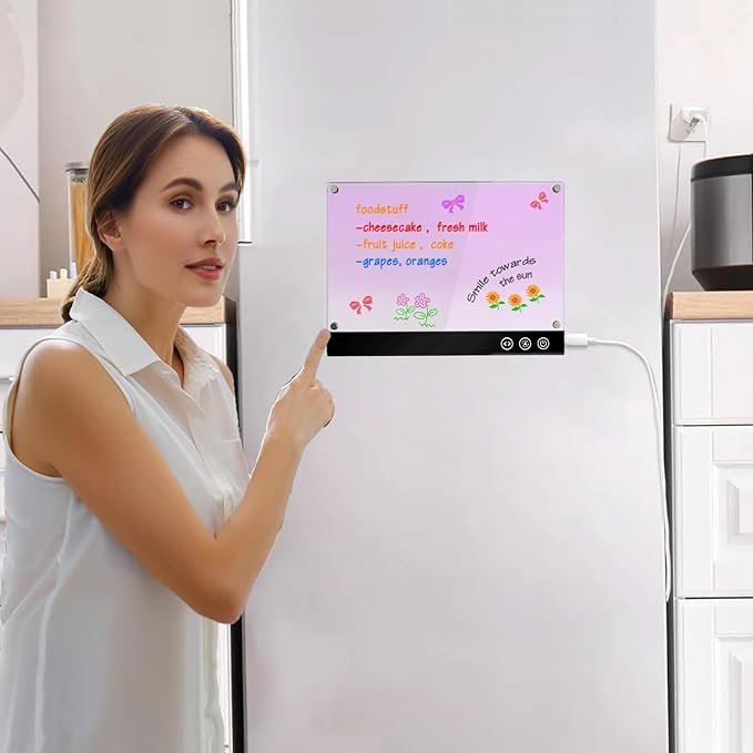 LED Magnetic Note Board with Colors, 11.8"X7.9" 4 Modes & 7 Colors Acrylic Dry Erase Board with Light, Include Hanging Chain, Led Drawing Board for Kids with Stand, Soft Cloth, 8 Markers