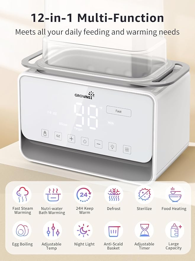 GROWSNY Fast Baby Bottle Warmer, 12-in-1 Milk Warmer with Steam and Water Bath Warming Modes for Breastmilk &Formula, Food Heating,with Thaw, Steri-lize, Egg Boil Function, Fits Most Types of Bottles