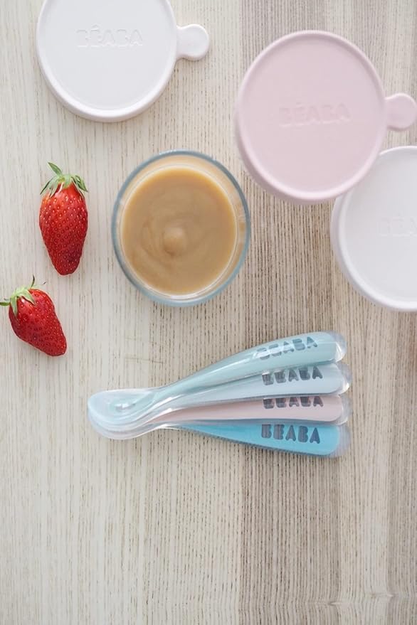 BEABA First Stage Baby Feeding Spoon Set, THE ORIGINAL Soft Tip Silicone Spoons for Babies, Gum Friendly BPA Lead Phthalate and Plastic Free, Great Gift Set (4 Pack), Cloud