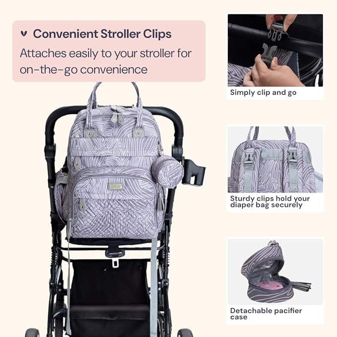 BabbleRoo Diaper Bag Backpack - Baby Essentials, Travel Essentials Baby Bag with Changing Pad, Stroller Straps & Pacifier Case - Unisex, Gray Swirls