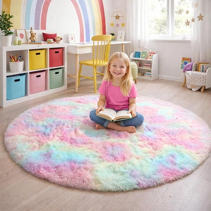 Amdrebio Rainbow Fluffy Round Rug 6Ft Kids Rugs - Image 5