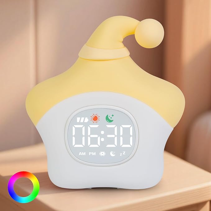 Star Alarm Clock with Night Light for Kids with Sleep Training and Sound Machine, Rechargeable Silicone Lamp OK to Wake Clock，Cute Animal Tabletop Lamp, Perfect Sleep Companion for Boys Girls, Yellow