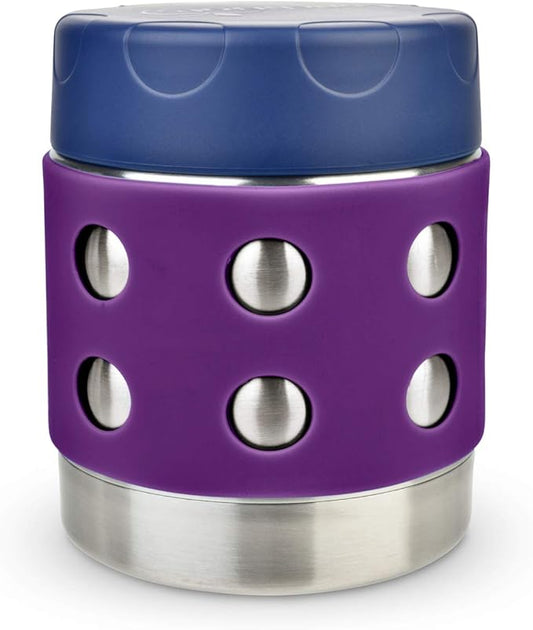 LunchBots Thermal 8 oz Triple Insulated Thermos - Hot 6 Hours or Cold 12 Hours - Leak Proof Thermos Soup Jar - All Stainless Interior - Navy Lid - Purple Dots