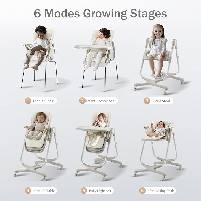 6 in 1 Convertible High Chairs for Babies and Toddlers,Portable High Chair with Dishwasher Tray and 4 Wheel,Booster Seat for Dining Table,Foldable Toddle and Baby Feeding Highchair (White)