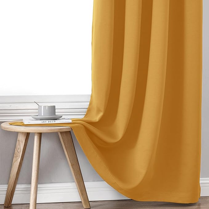ChrisDowa 100% Blackout Curtains for Bedroom with Black Liner, 2 Thick Layers Total Blackout Thermal Insulated Grommet Window Curtains 2 Panels Set (Mustard Yellow, 52 x 63 Inch)