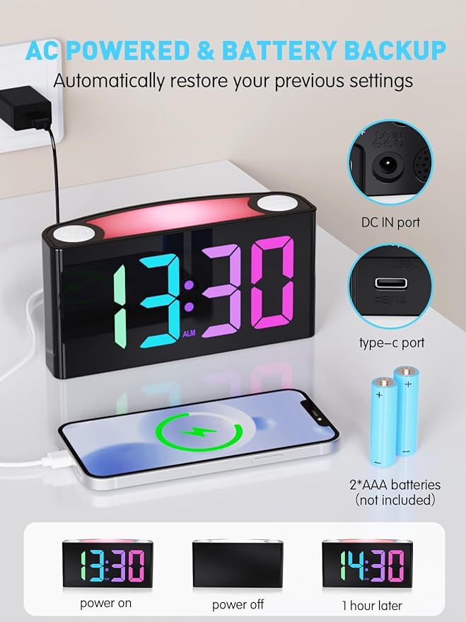 PPLEE RGB Digital Clock-Alarm Clocks for Bedrooms,Large Bold Number 7 Dimmers,Battery Backup Loud Alarm Clock,8 Modes Night Light,Dual Charger USB&Type-C,Bedside Desk Clock for Kid Adult Heavy Sleeper