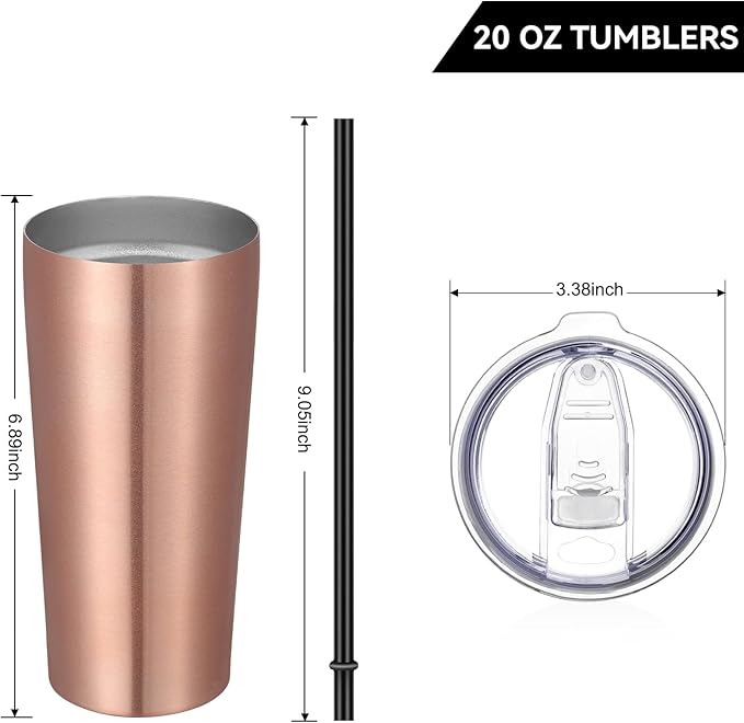 VEGOND 20oz Tumbler Bulk with Lid and Straw 6 Pack, Stainless Steel Vacuum Insulated Tumbler, Double Wall Coffee Cup Travel Mug, Rose Gold