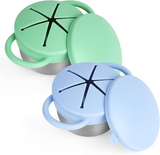 2 Pack Snack Cups for Toddlers Spill Proof - Detachable Stainless Steel Toddler Snack Cups with Silicone Lids & Handles - Dishwasher Safe Baby Snack Containers for Mess-Free Snacking (Blue and Green)